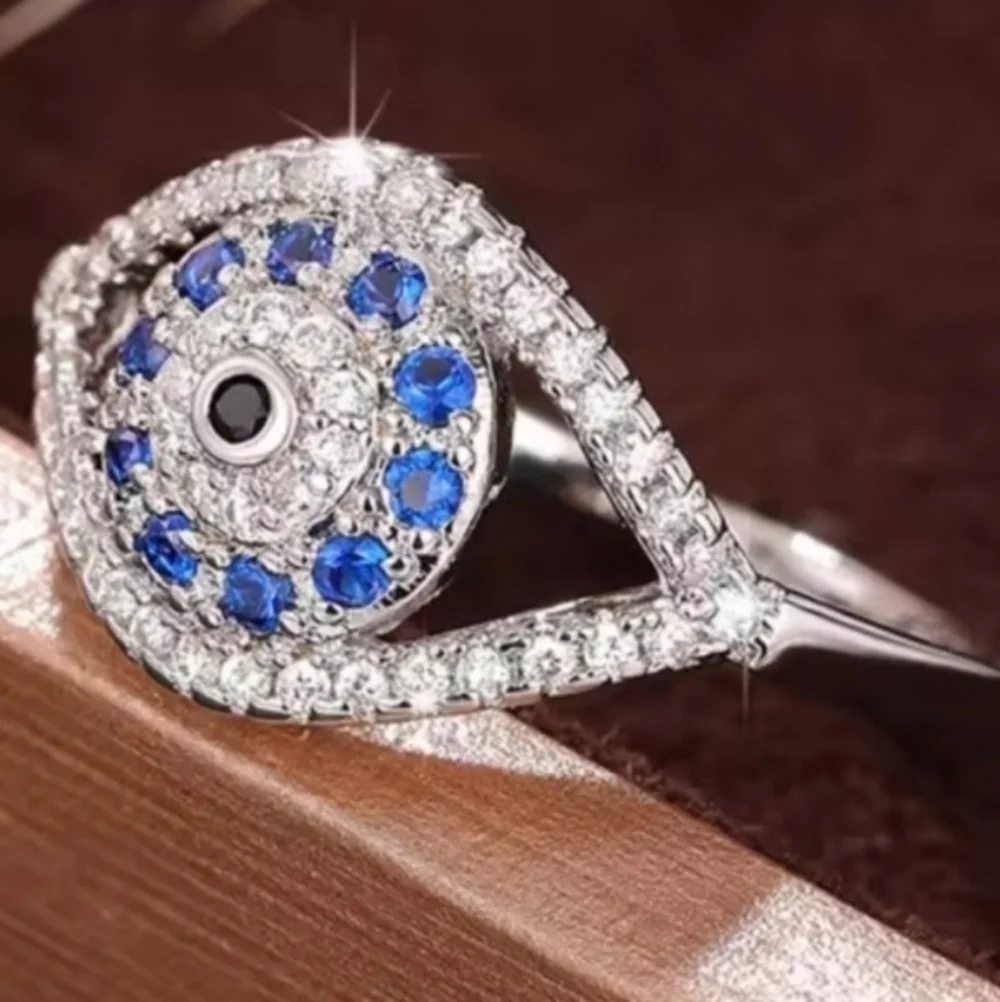 Elegant Silvery and Blue Evil Eye Ring Sz 9